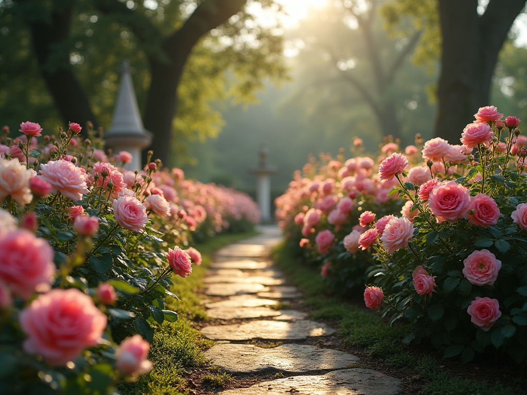 Roseraie ancienne en fleur